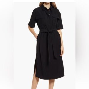 Nordstrom Black Utility Midi Shirt Dress with Tie Waist and Cargo Pockets